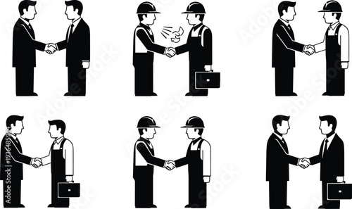 Business and construction worker handshake partnership icons set representing teamwork, agreement, collaboration between professionals, contractors 