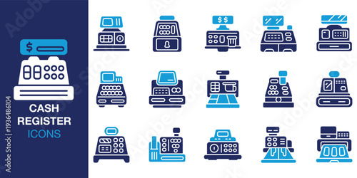 Cash Register icon set. Containing payment, sale, receipt, billing, pos, terminal, drawer and more. Solid vector icons collection. Vector illustration.