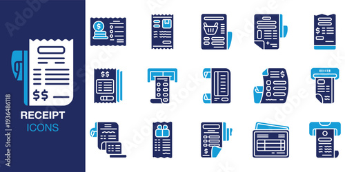 Receipt icon set. Containing purchase, checkout, record, document, paper, slip and more. Solid vector icons collection. Vector illustration.