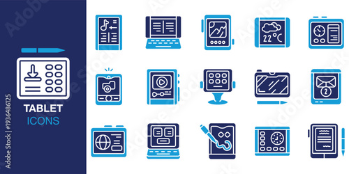 Tablet icon set. Containing portable, technology, gadget, digital, internet, wifi and more. Solid vector icons collection. Vector illustration.