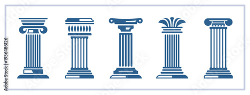  Pillar of greece icon Justice symbol Column illustration  on dark background. Ancient ruins. Cartoon classic stone pillars, antique architecture building columns, old roman temple exterior elements.