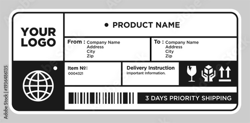 Cargo shipping delivery sticker vector. Shipment label template. Delivery  mockup. Fragile, handle icon. Information about company recipient.  Vector illustration