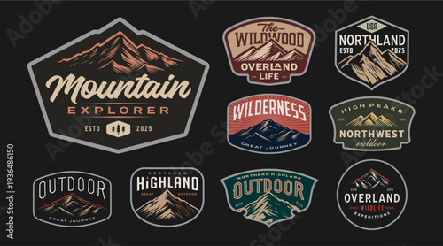  Vintage mountain and forest badge logo design set. Adventure and outdoor retro emblem logo pack with mountains and trees. Hiking and camping insignia patch bundle for travel and exploration
