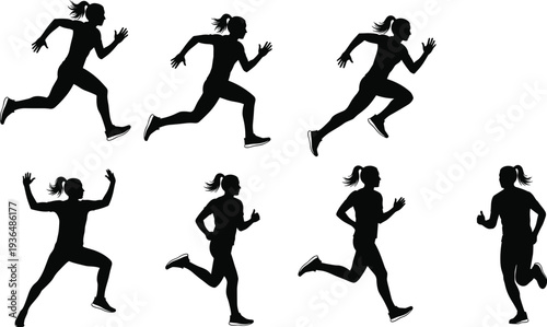 Collection of female runner silhouettes in dynamic running poses isolated on white background, athletic woman jogging sprint motion set for fitness training illustration sequence