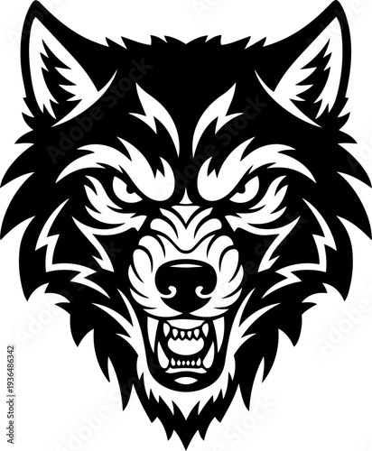 Fierce Wolf Head Illustration with Sharp Teeth and Ears, Close-Up View, Black and White