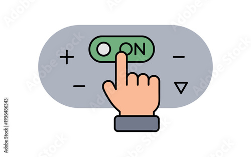 A hand pressing the ON button on a gray remote control