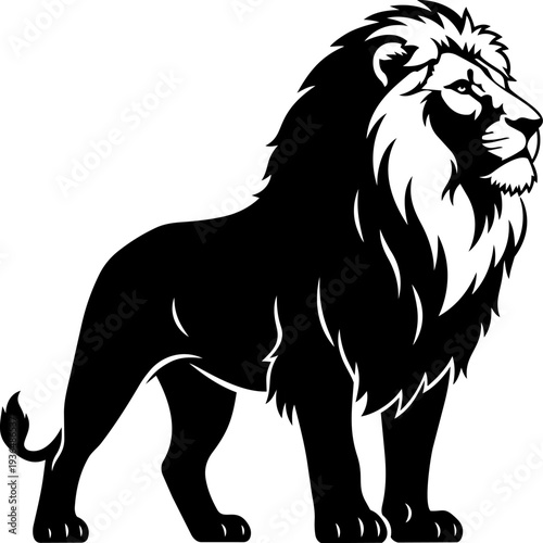 A majestic lion stands proudly with a fierce expression in a bold black illustration