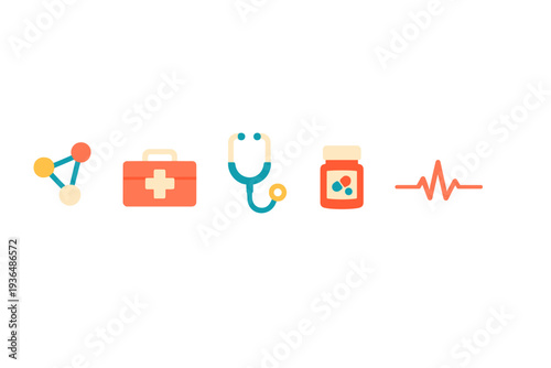 A row of five medical icons including a molecular structure, first aid kit, stethoscope, medicine bottle, and a heartbeat line, presented in a flat design style on a black background.