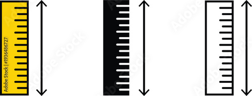 Ruler Icon set measurement and length tools, Vertical rulers in black white and yellow school and office stationery for drafting and engineering design vector Illustration.