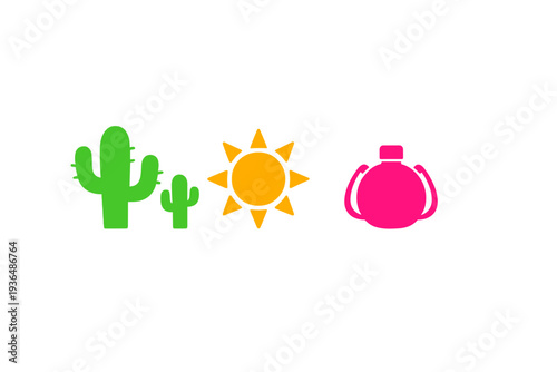Simple flat icons of green cacti, an orange sun, and a pink canteen are arranged horizontally on a black background, symbolizing a hot desert environment and hydration needs.