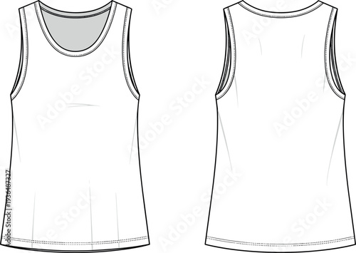 Blank white sleeveless tank top technical flat sketch vector illustration template showing front and back views for fashion clothing design.