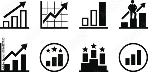 Business success icons, growth metrics illustration, upward arrow charts, performance analysis, achievement ranking, progress visualization, competitive results, data concept design
