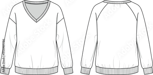 V neck long sleeve sweatshirt pullover jumper technical fashion flat sketch vector illustration template front and back view blank mockup