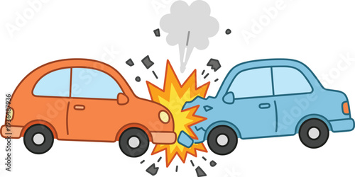 Cartoon car crash illustration, vehicle collision graphic, road accident concept, traffic safety design, insurance claim visual, automotive impact explosion
