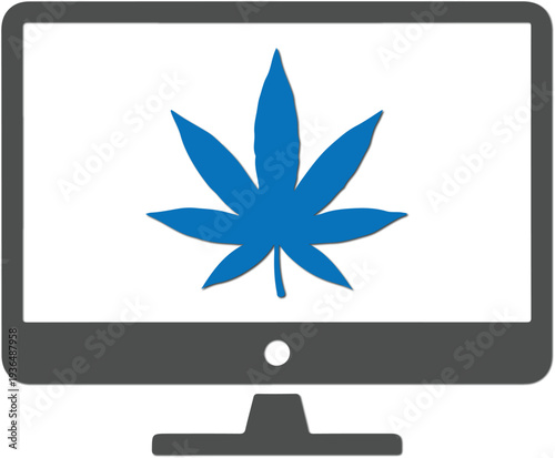 Computer monitor displaying blue cannabis leaf icon representing online marijuana dispensary and digital drug culture