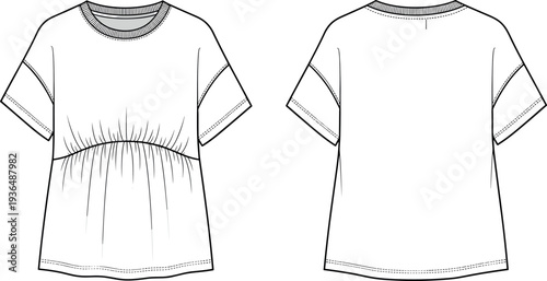 Vector fashion flat sketch of women drop shoulder t-shirt with gathered empire waist front and back views clothing template design
