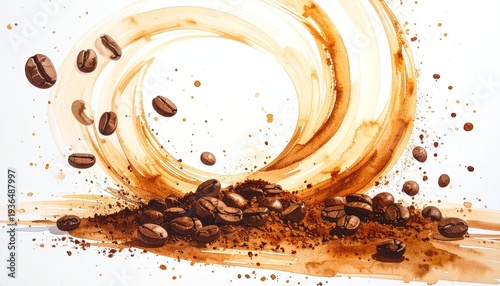 Artistic watercolor illustration of coffee beans, powder, and a swirling liquid