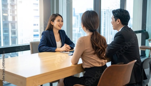 Asian professionals converse in a sunlit office, seated at a wooden table