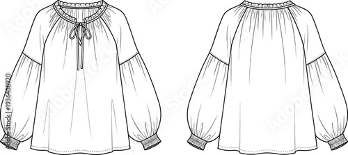 Women fashion peasant blouse technical drawing vector flat sketch featuring raglan bishop sleeves ruffled tie neckline front and back view