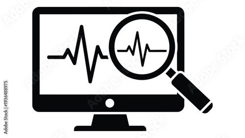 A magnifying glass examines a heart rate on a computer monitor
