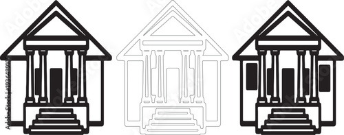 Architectural illustration of three identical house facades with varying line styles