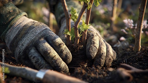 Person planting flowers and gently pressing soil around the roots.