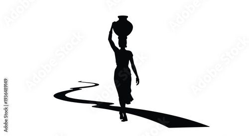 Silhouette of a woman carrying a water pot on her head along a winding path