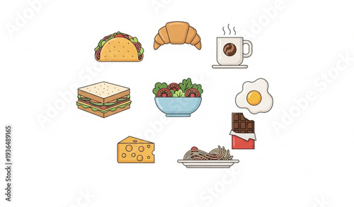 Minimal flat food icon collection with taco croissant coffee sandwich salad egg cheese pasta chocolate