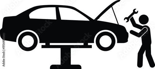 car repair service mechanic fixing vehicle on lift, auto maintenance garage technician wrench vector illustration