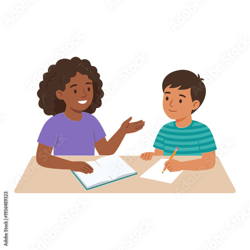Two children sitting at a table discussing and writing in notebooks