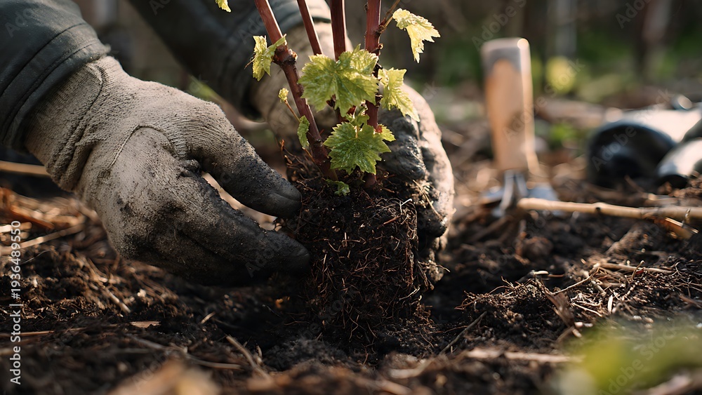 Obraz premium Calm gardening moment with hands brushing soil around growing plants.