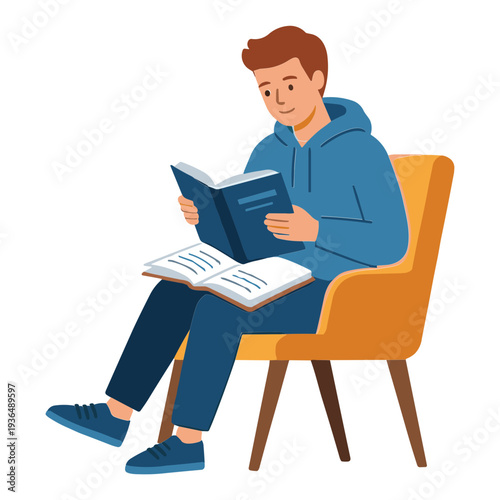 A man sits on a chair reading a book in a relaxed indoor setting