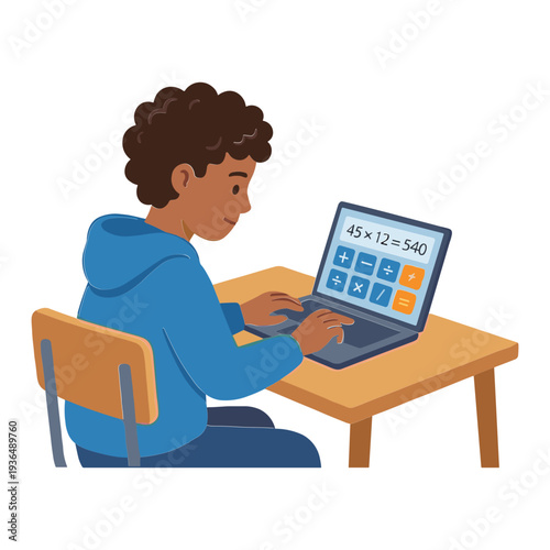 A young boy sits at a desk working on a laptop with math problems displayed