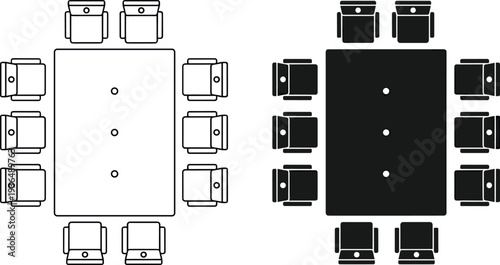 conference meeting table layout, boardroom desk top view office meeting workspace furniture arrangement vector outline silhouette illustration