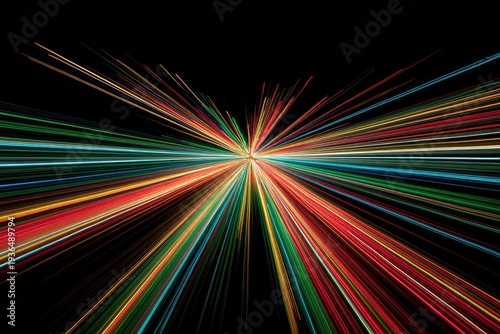 Explosion of colorful streaks radiating outward from a central point, all on black background