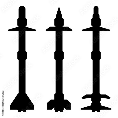 Air Defense Rocket Anti Drone Missile. Set of Bombs silhouette from vertical view.