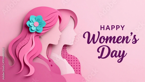 Happy International Women's Day March 8 Greeting Card with Paper Cut Woman Profile and Flowers. Elegant Papercut Illustration of a Woman Silhouette for Women's Day Celebration.