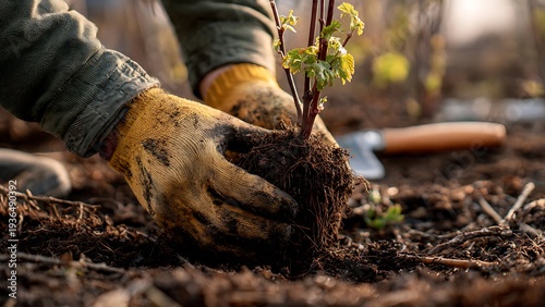 Hands planting seedlings carefully into rich earth in a peaceful garden.