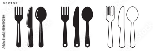 Fork, knife and spoon icon set, Dining silverware Silhouette, Tableware set flat style, Vector illustration