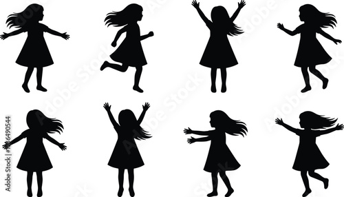 Girl silhouette dynamic poses, running jumping dancing, playful child motion illustration, joyful activity design, human movement concept, animation body language graphic