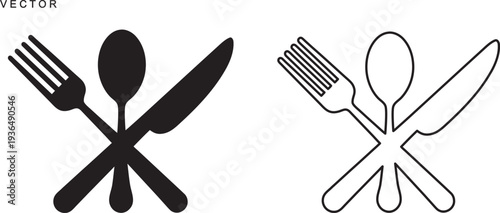 Fork, knife and spoon icon set, Dining silverware Silhouette, Tableware set flat style, Vector illustration