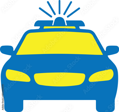 Police car patrol vehicle icon with blue body and yellow windows featuring flashing emergency light on roof top