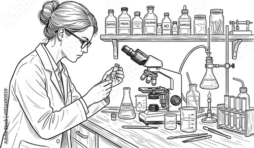 female scientist working in laboratory with microscope and chemical samples, scientific research experiment concept detailed vector illustration