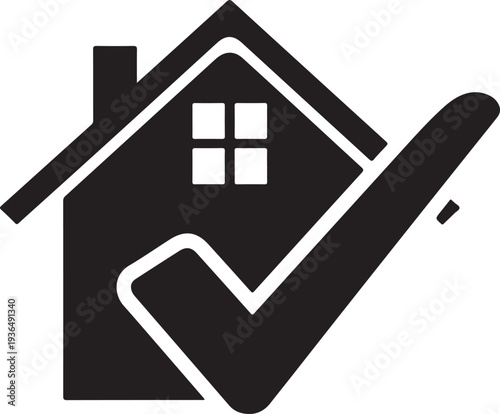 Solid black house with checkmark icon, representing successful property acquisition, home approval, or real estate verification