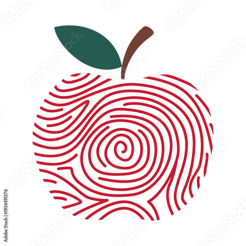 Apple Fingerprint Vector Logo. Red Apple Made of Fingerprint Lines with Leaf. Organic Food Identity Concept. Biometric Pattern Fruit Icon. Minimal Flat Illustration