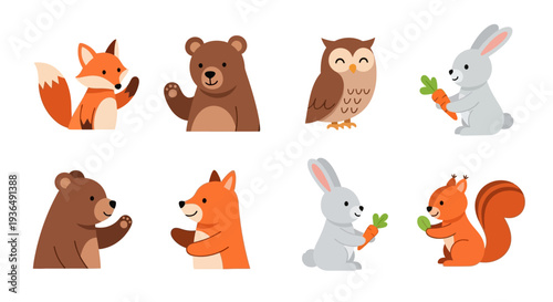 Cartoon forest animal set bear fox owl rabbit and squirrel illustrations