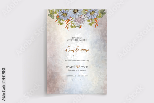 WEDDING INVITATION FRAME WITH FLOWER DECORATIONS AND FRESH LEAVES