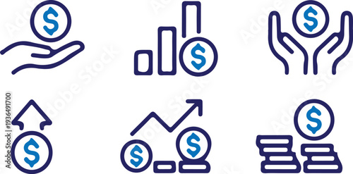 hand drawn finance money growth graph bule icon set vector illustration design art