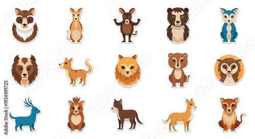Collection of cartoon animal stickers raccoon kangaroo bear fox deer dog etc