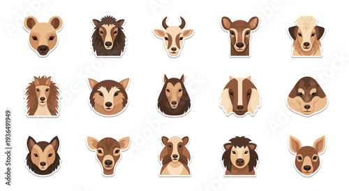 Collection of stylized animal faces bears deer sheep and other wildlife